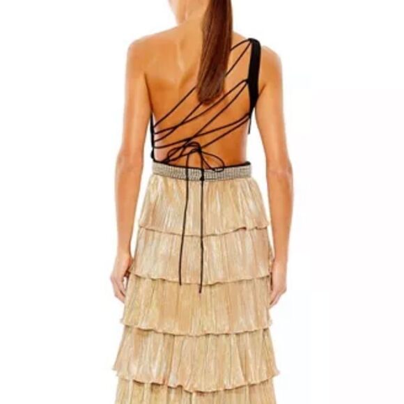 Mac Duggal NWT One-Shoulder Cutout Ruffle Tiered Gown Black/Gold Size 8 - Picture 4 of 13